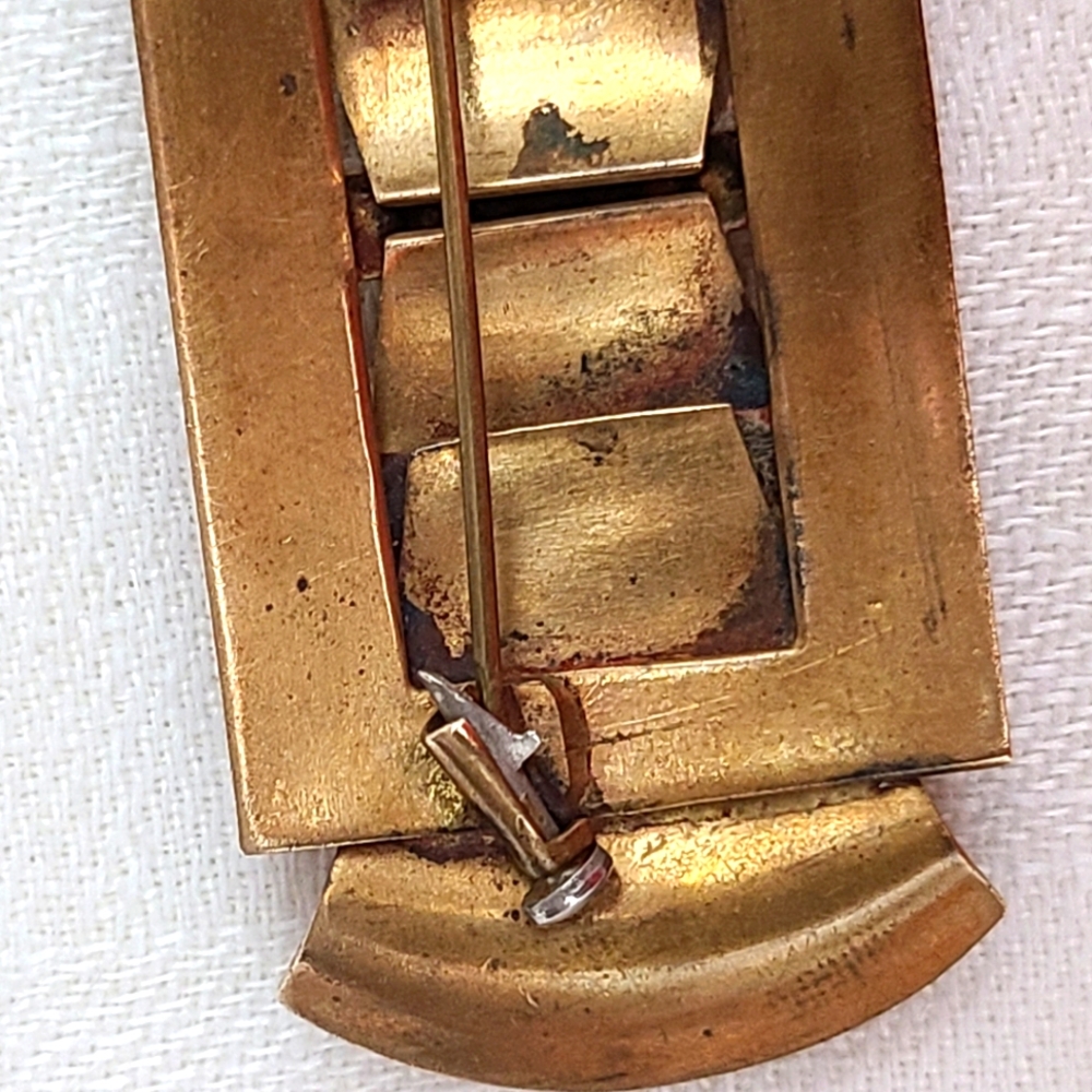 Antique Brass Brooch Set With Aquamarine and AB Rhinestones - Picture 4 of 7